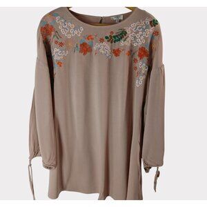 Umgee Taupe Pink Embroidered Blouse Tunic M Oversize Puff Sleeve Cottagecore Poe